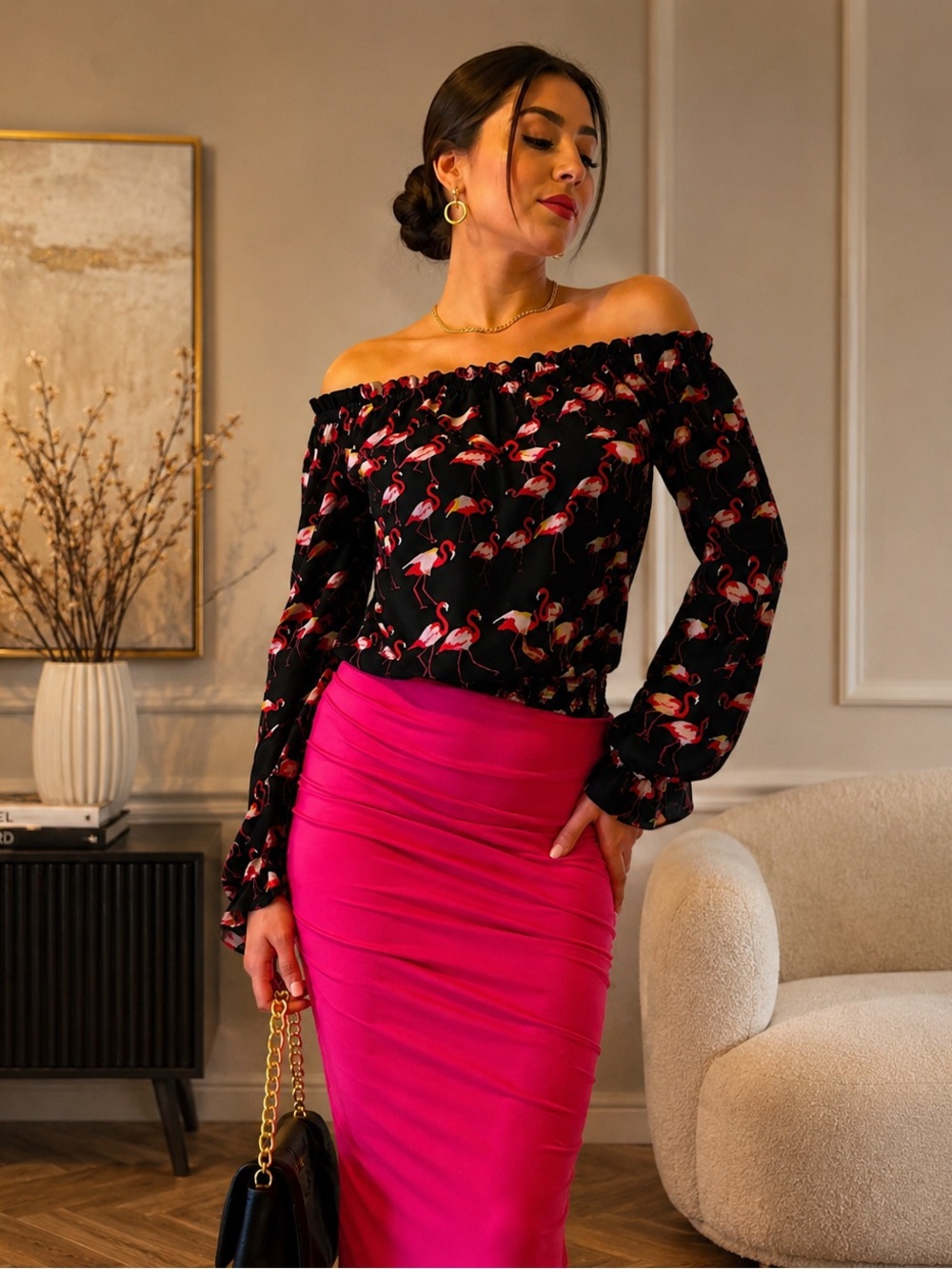 Bebe flamingo open shoulder blouse